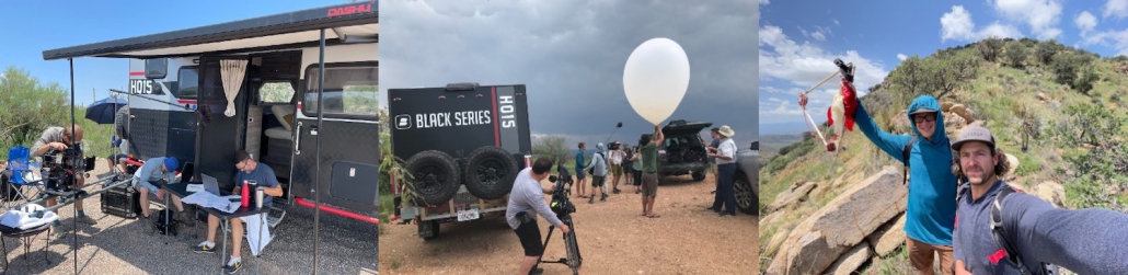 film crews in the desert chasing footage of thunderstorms